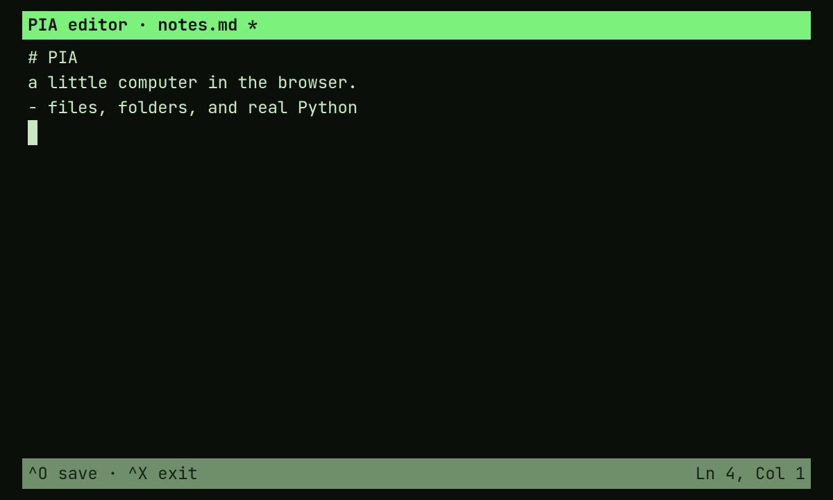 The editor is really nano: ^O saves, ^X exits, line/column in the status bar.